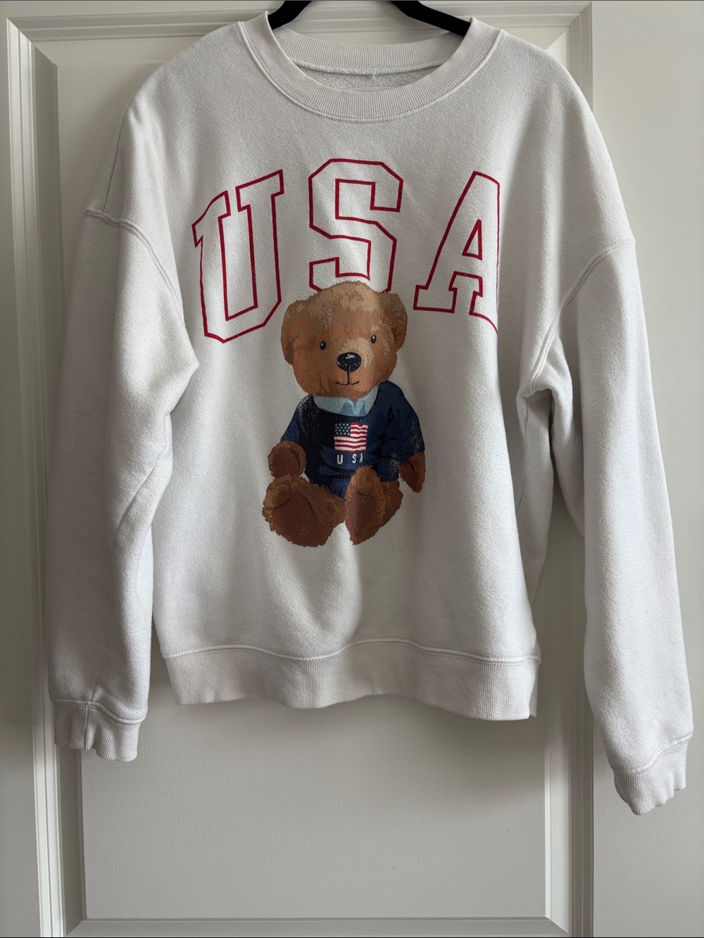 Grayson Threads White Crewneck Sweater with Red USA and Brown Teddy Graphic